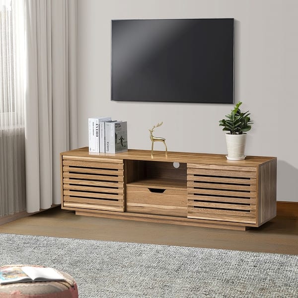 Modern Solid Wooden Frame TV Stand Slatted Design TV Console with